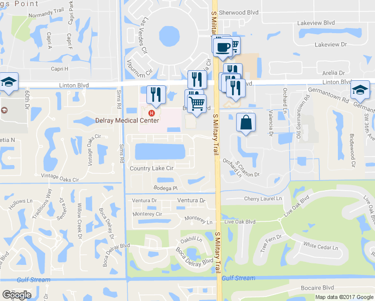 map of restaurants, bars, coffee shops, grocery stores, and more near 16300 Country Lake Circle in Delray Beach