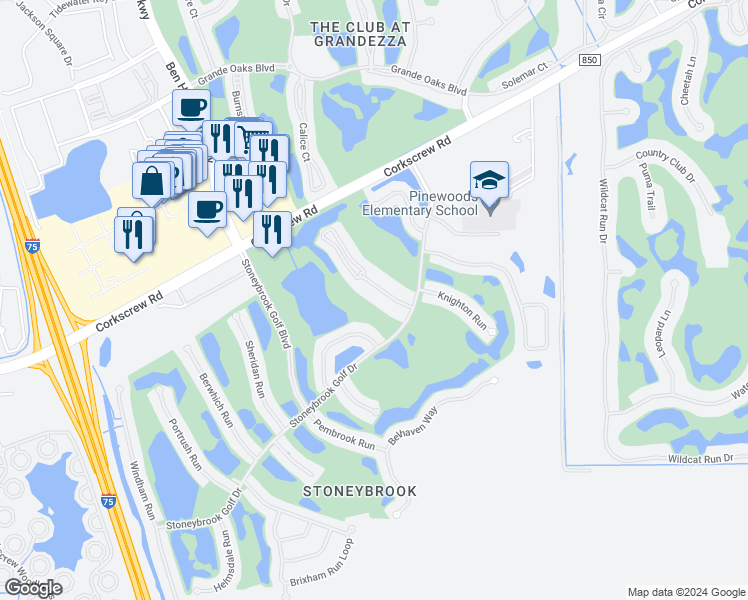 map of restaurants, bars, coffee shops, grocery stores, and more near 21350 Lancaster Run in Estero