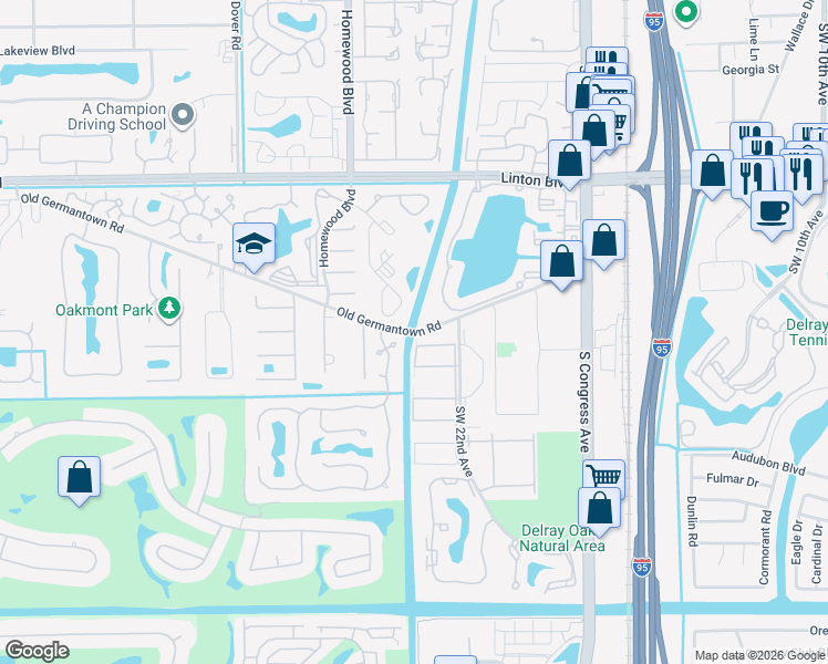 map of restaurants, bars, coffee shops, grocery stores, and more near 2899 Germantown Road in Delray Beach