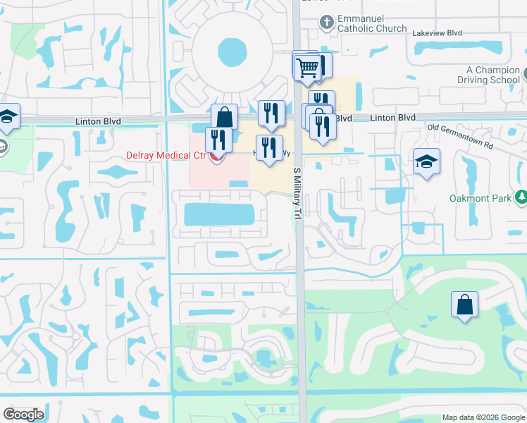 map of restaurants, bars, coffee shops, grocery stores, and more near 16360 Water Way in Delray Beach