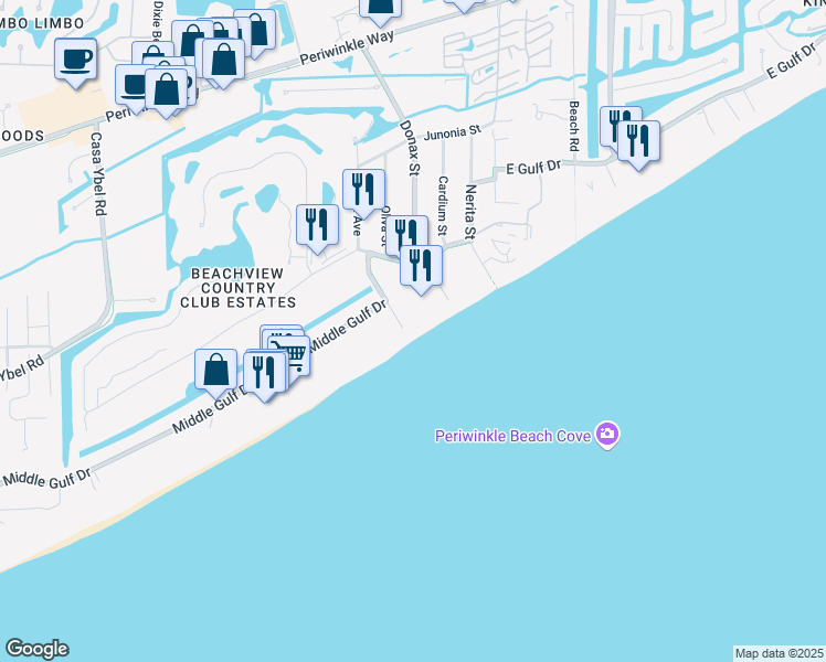 map of restaurants, bars, coffee shops, grocery stores, and more near 1246 Fulgur Street in Sanibel