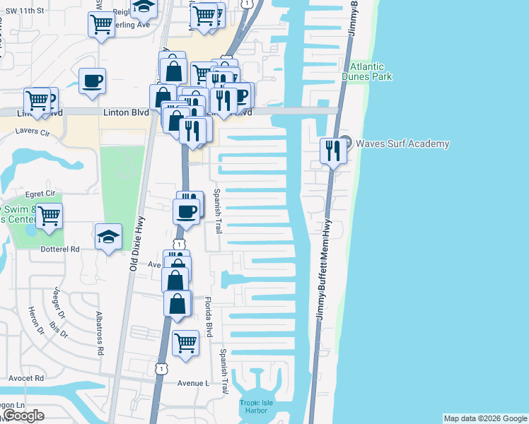map of restaurants, bars, coffee shops, grocery stores, and more near 949 Banyan Drive in Delray Beach