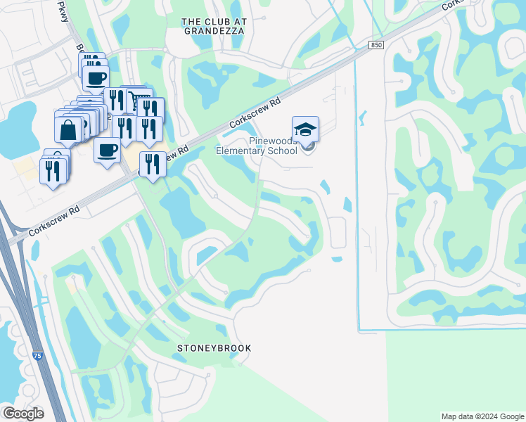 map of restaurants, bars, coffee shops, grocery stores, and more near 21406 Knighton Run in Estero