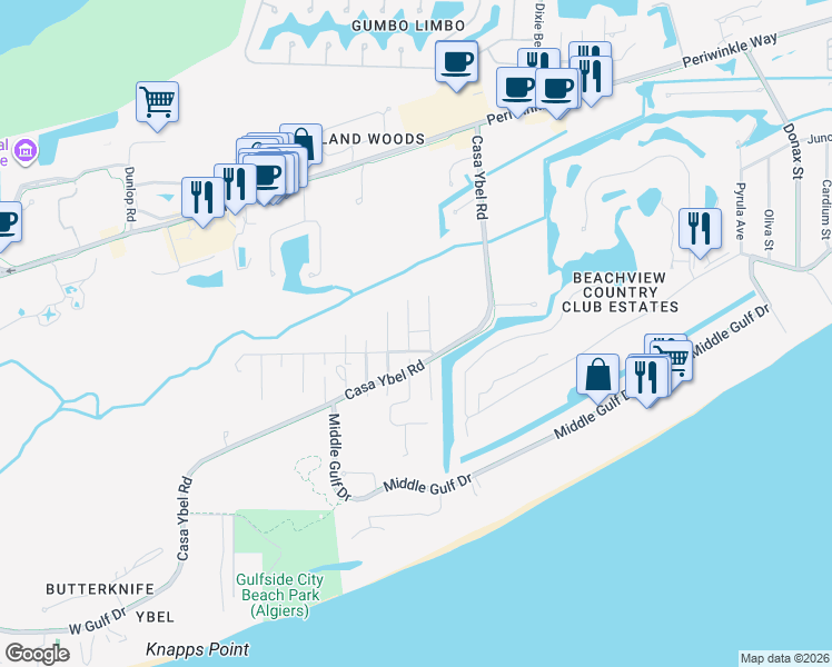 map of restaurants, bars, coffee shops, grocery stores, and more near 545 Birdsong Place in Sanibel