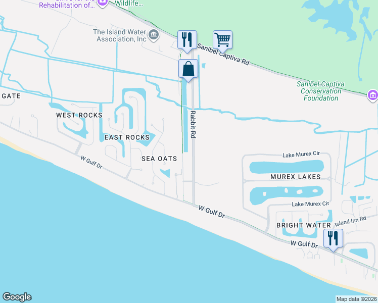 map of restaurants, bars, coffee shops, grocery stores, and more near 589 Rabbit Road in Sanibel