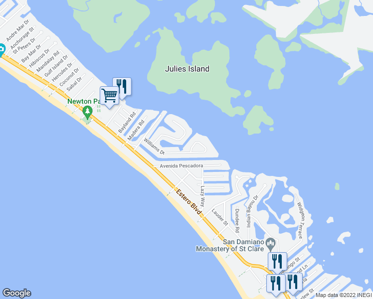 map of restaurants, bars, coffee shops, grocery stores, and more near 5245 Williams Drive in Fort Myers Beach