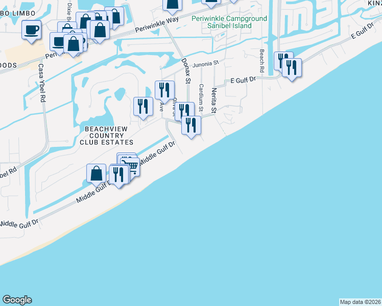 map of restaurants, bars, coffee shops, grocery stores, and more near 1246 Fulgur Street in Sanibel