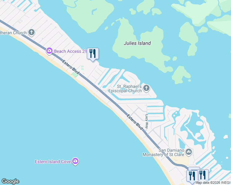 map of restaurants, bars, coffee shops, grocery stores, and more near 5146 Williams Drive in Fort Myers Beach