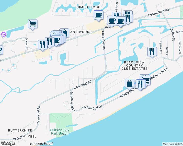 map of restaurants, bars, coffee shops, grocery stores, and more near 545 Birdsong Place in Sanibel