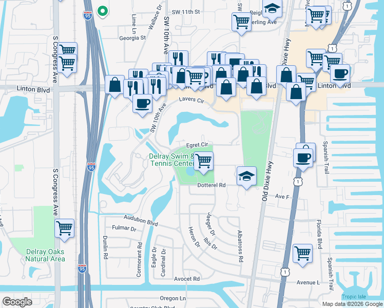 map of restaurants, bars, coffee shops, grocery stores, and more near 750 Egret Circle in Delray Beach