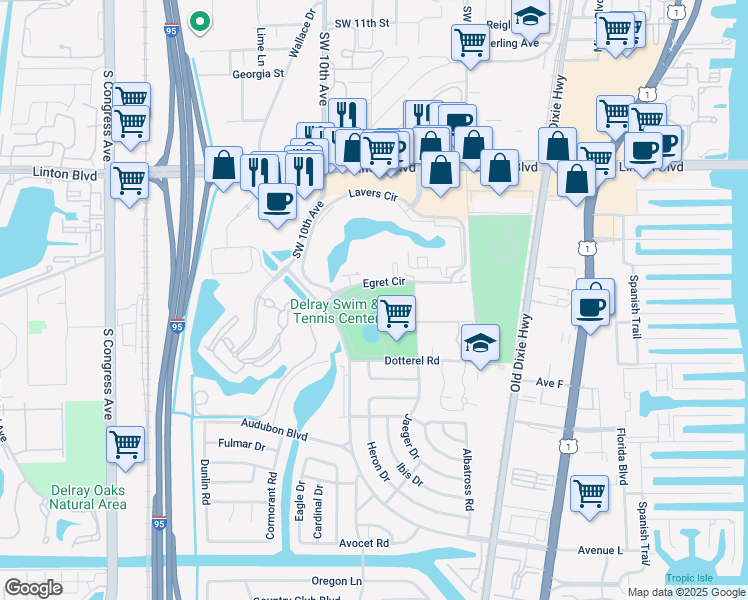 map of restaurants, bars, coffee shops, grocery stores, and more near 750 Egret Circle in Delray Beach