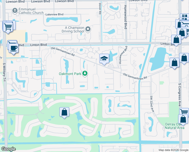 map of restaurants, bars, coffee shops, grocery stores, and more near 2200 Rabbit Hollowe Circle in Delray Beach