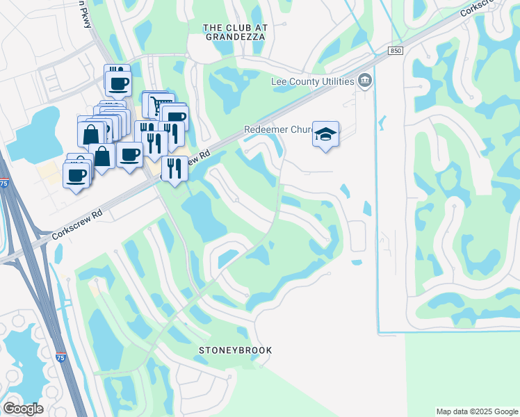 map of restaurants, bars, coffee shops, grocery stores, and more near 21361 Lancaster Run in Estero