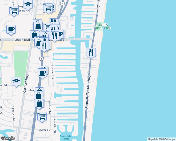 map of restaurants, bars, coffee shops, grocery stores, and more near 2150 Florida A1A in Delray Beach