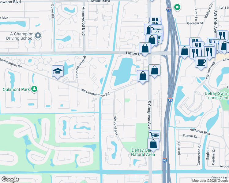 map of restaurants, bars, coffee shops, grocery stores, and more near Southwest 22nd Avenue in Delray Beach