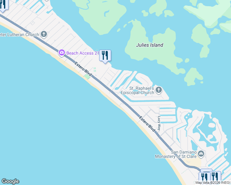 map of restaurants, bars, coffee shops, grocery stores, and more near 5100 Williams Drive in Fort Myers Beach