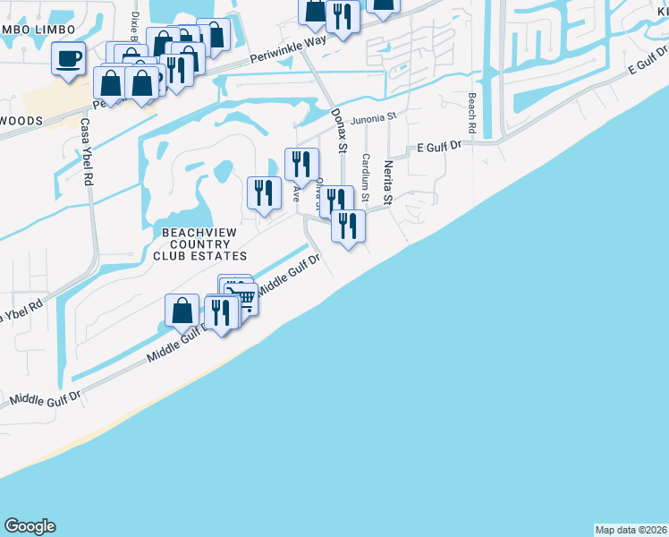 map of restaurants, bars, coffee shops, grocery stores, and more near 1299 Middle Gulf Drive in Sanibel