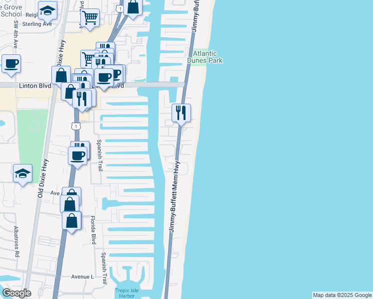 map of restaurants, bars, coffee shops, grocery stores, and more near 2103 South Ocean Boulevard in Delray Beach