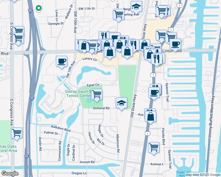 map of restaurants, bars, coffee shops, grocery stores, and more near 500 Egret Circle in Delray Beach