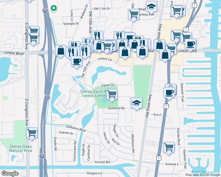 map of restaurants, bars, coffee shops, grocery stores, and more near 750 Egret Circle in Delray Beach