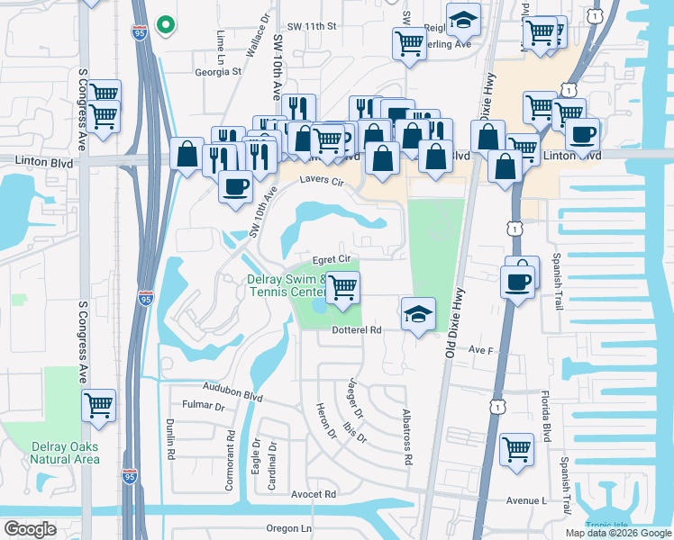 map of restaurants, bars, coffee shops, grocery stores, and more near 750 Egret Circle in Delray Beach
