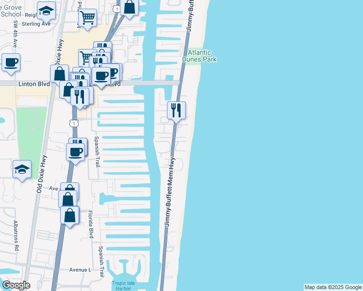map of restaurants, bars, coffee shops, grocery stores, and more near 2103 South Ocean Boulevard in Delray Beach