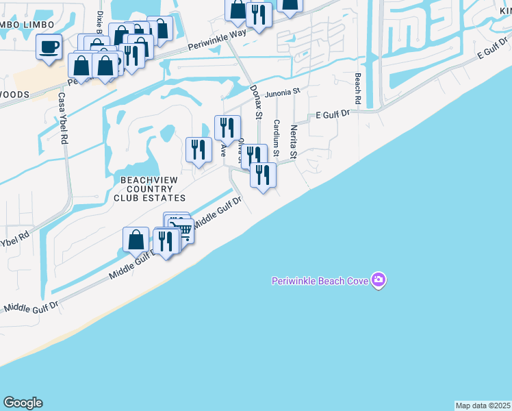 map of restaurants, bars, coffee shops, grocery stores, and more near 1299 Middle Gulf Drive in Sanibel
