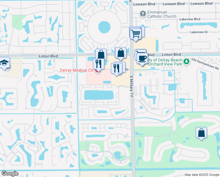 map of restaurants, bars, coffee shops, grocery stores, and more near 5186 Jog Lane in Delray Beach