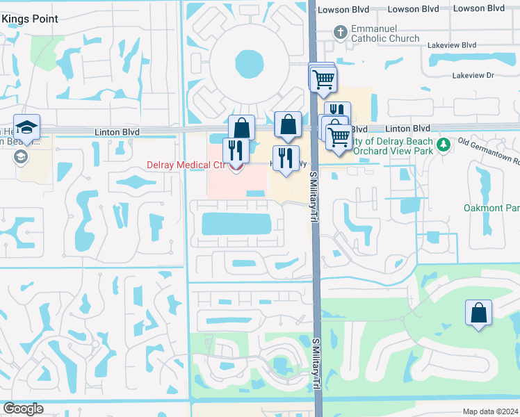 map of restaurants, bars, coffee shops, grocery stores, and more near 5190 Jog Lane in Delray Beach