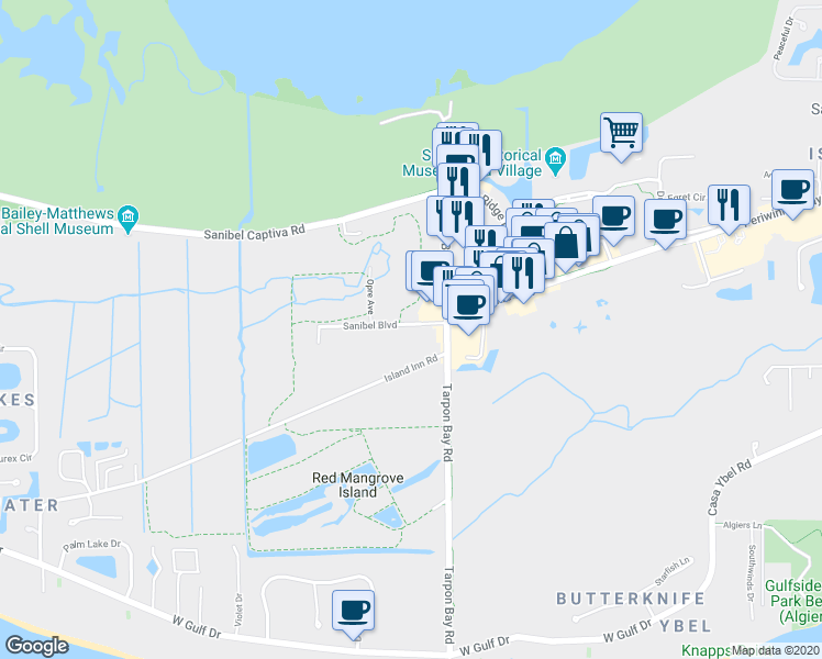 map of restaurants, bars, coffee shops, grocery stores, and more near 2557 Sanibel Blvd in Sanibel