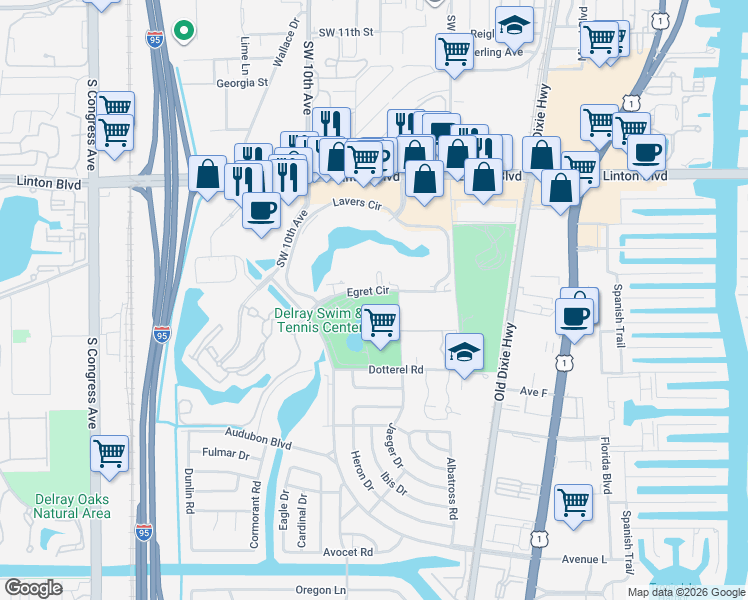 map of restaurants, bars, coffee shops, grocery stores, and more near 750 Egret Circle in Delray Beach