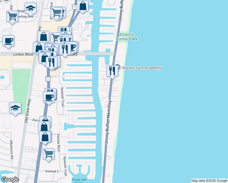map of restaurants, bars, coffee shops, grocery stores, and more near 2103 South Ocean Boulevard in Delray Beach