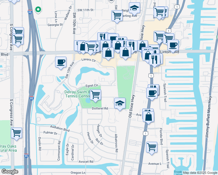 map of restaurants, bars, coffee shops, grocery stores, and more near 500 Egret Circle in Delray Beach