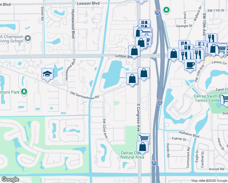map of restaurants, bars, coffee shops, grocery stores, and more near 2200 Germantown Road in Delray Beach