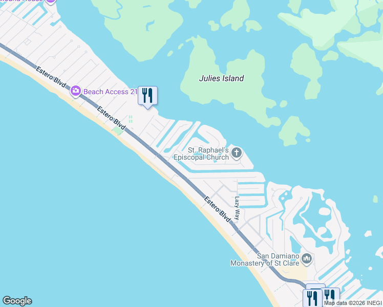map of restaurants, bars, coffee shops, grocery stores, and more near 5146 Williams Drive in Fort Myers Beach