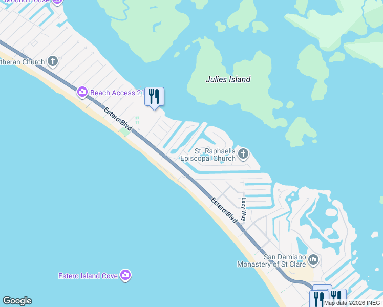 map of restaurants, bars, coffee shops, grocery stores, and more near 5146 Williams Drive in Fort Myers Beach
