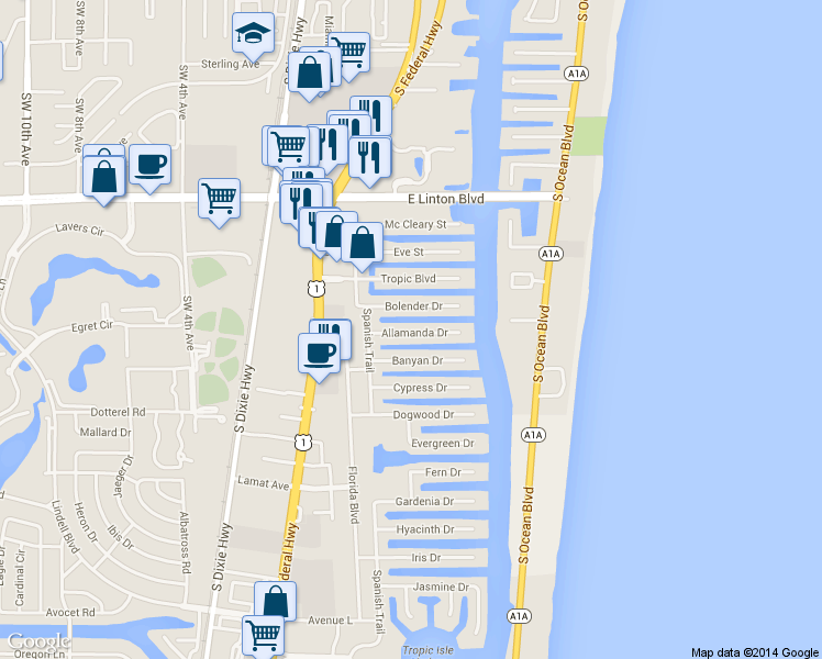 map of restaurants, bars, coffee shops, grocery stores, and more near 933 Allamanda Drive in Delray Beach