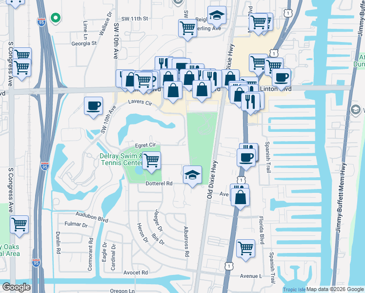 map of restaurants, bars, coffee shops, grocery stores, and more near 500 Egret Circle in Delray Beach