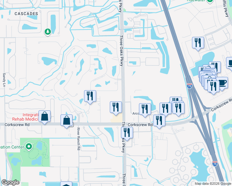 map of restaurants, bars, coffee shops, grocery stores, and more near 20847 Country Barn Drive in Estero
