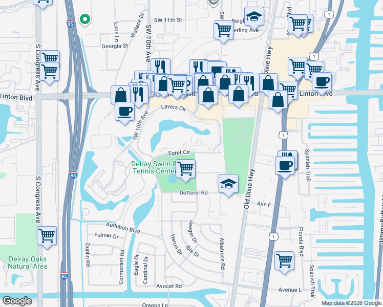 map of restaurants, bars, coffee shops, grocery stores, and more near 610 Egret Circle in Delray Beach
