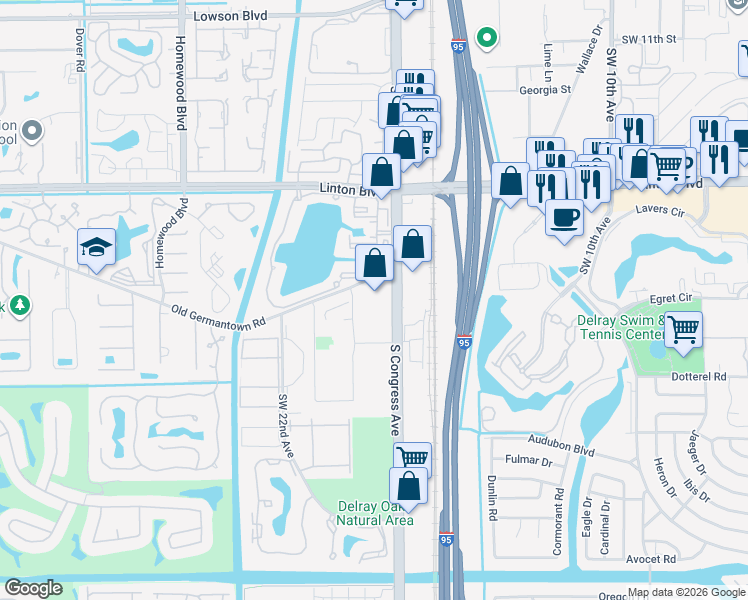 map of restaurants, bars, coffee shops, grocery stores, and more near 1690 South Congress Avenue in Delray Beach