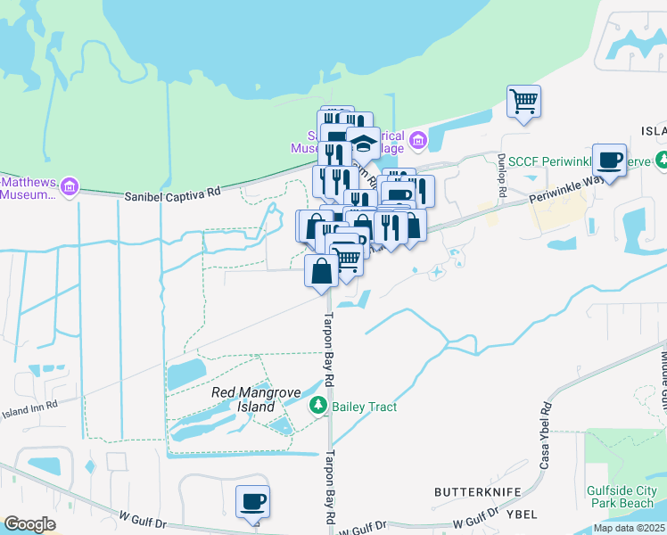 map of restaurants, bars, coffee shops, grocery stores, and more near 2499 Periwinkle Way in Sanibel