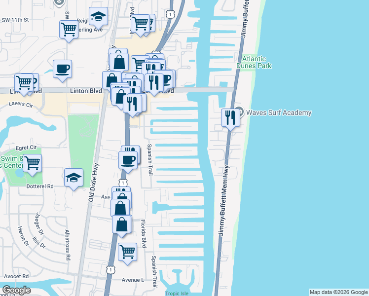 map of restaurants, bars, coffee shops, grocery stores, and more near 949 Banyan Drive in Delray Beach