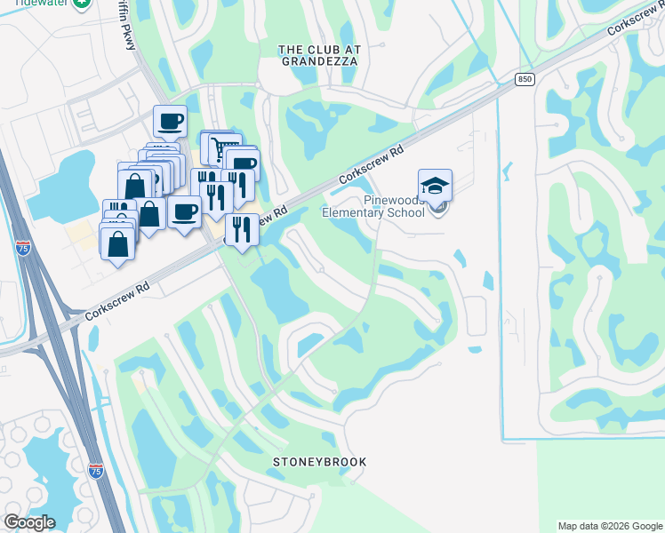 map of restaurants, bars, coffee shops, grocery stores, and more near 21340 Lancaster Run in Estero