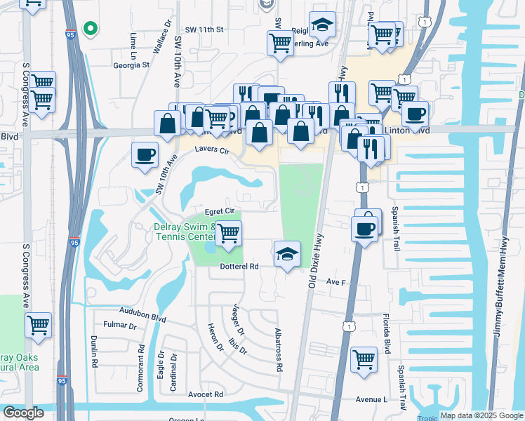 map of restaurants, bars, coffee shops, grocery stores, and more near 510 Lavers Circle in Delray Beach