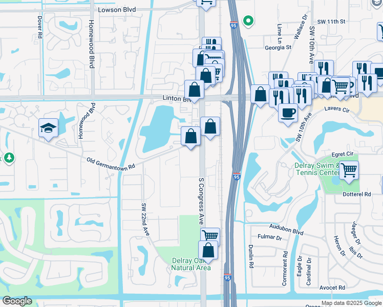map of restaurants, bars, coffee shops, grocery stores, and more near 2135 Spring Harbor Drive in Delray Beach