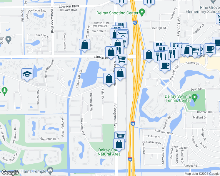 map of restaurants, bars, coffee shops, grocery stores, and more near 1690 South Congress Avenue in Delray Beach