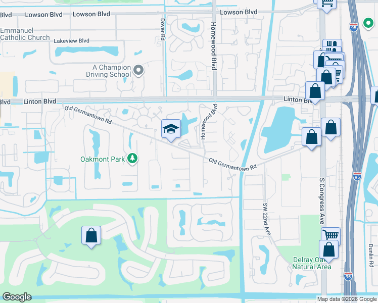map of restaurants, bars, coffee shops, grocery stores, and more near Old Germantown Road in Delray Beach