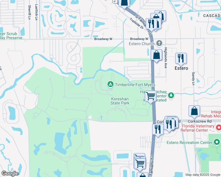 map of restaurants, bars, coffee shops, grocery stores, and more near 3800 Corkscrew Road in Estero