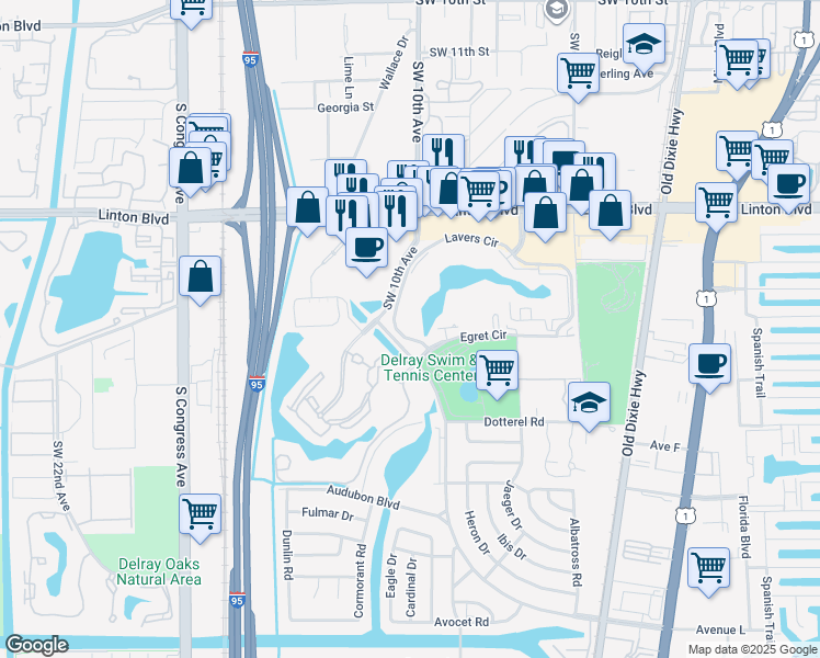 map of restaurants, bars, coffee shops, grocery stores, and more near 2105 Lavers Circle in Delray Beach